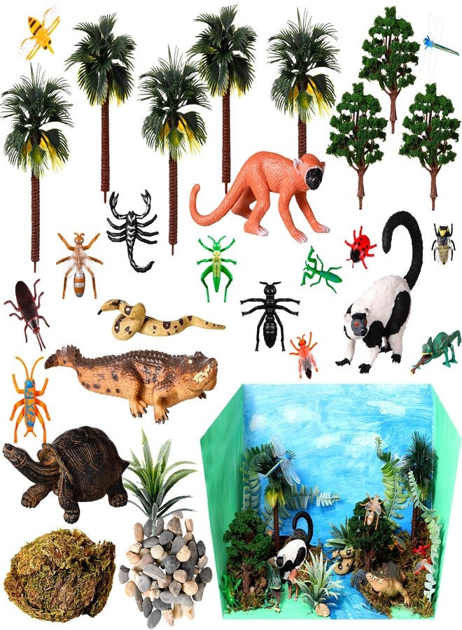 Silipull 31 Pcs Rainforest Animal Figure Toys Rainforest Diorama Kit Jungle Tropical Animal Figurines Including Tortoise Chameleon Crocodile Monkey Trees Moss Sand Stones with Gift Box for Birthday Party Decor - Image 1